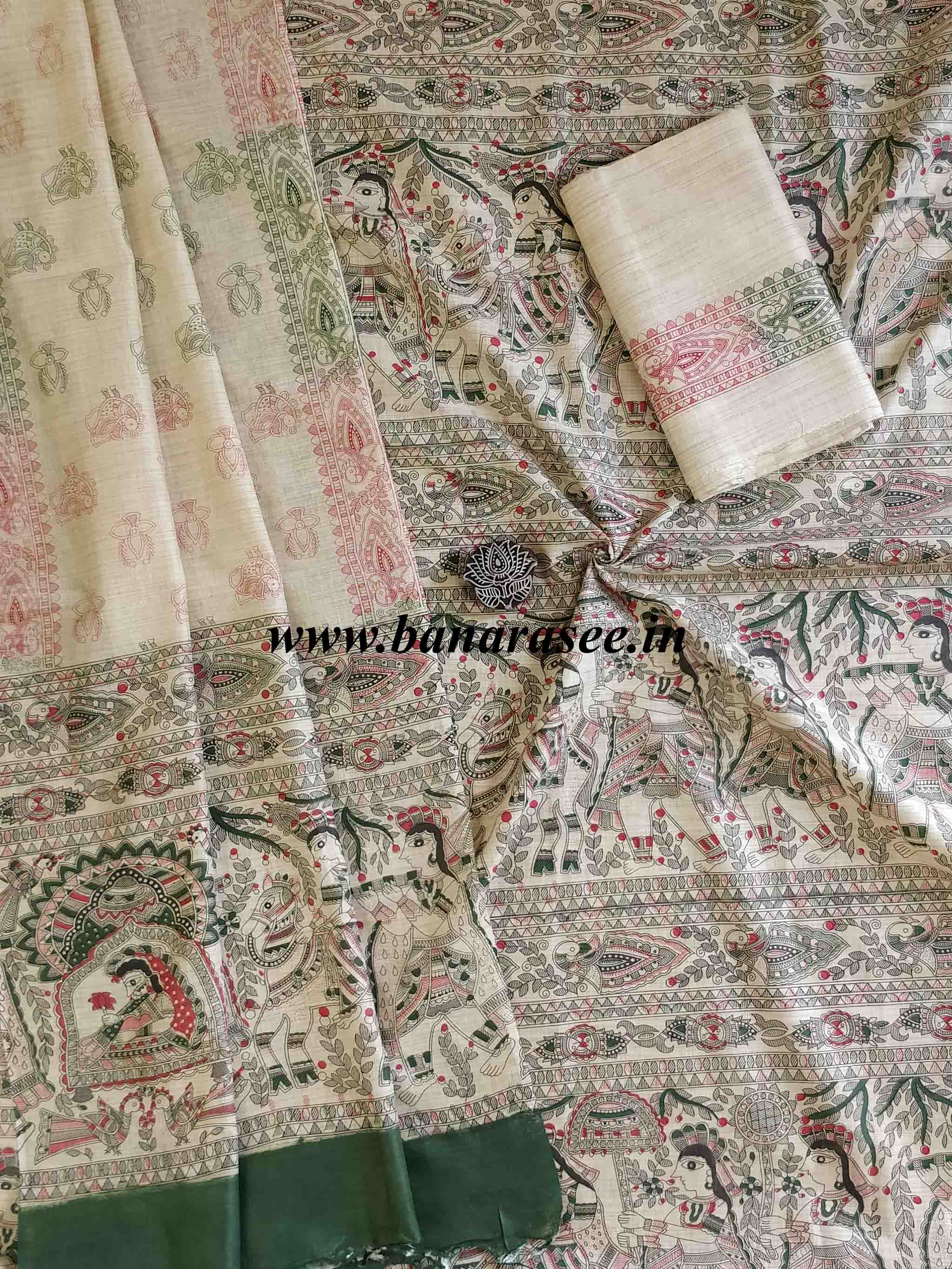 Pure Handloom Khadi Cotton Madhubani Print Salwar Kameez Dupatta Set-Beige