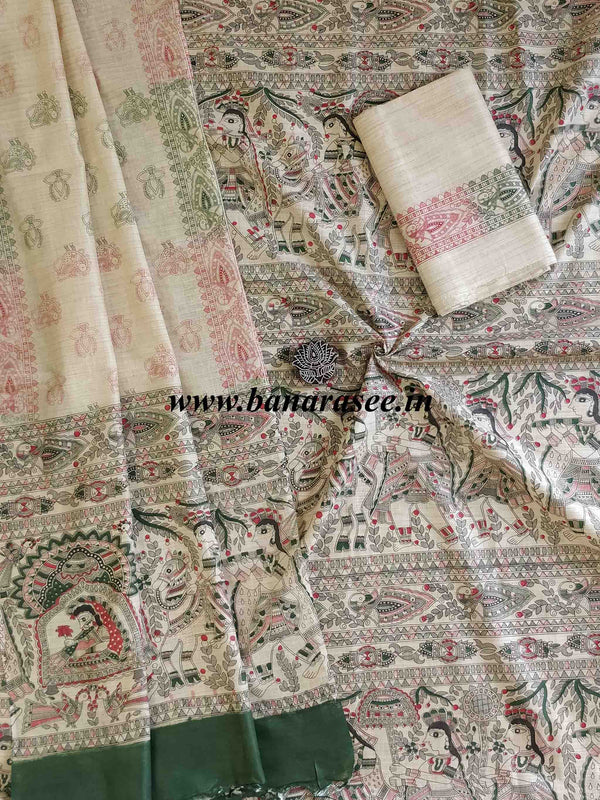 Pure Handloom Khadi Cotton Madhubani Print Salwar Kameez Dupatta Set-Beige