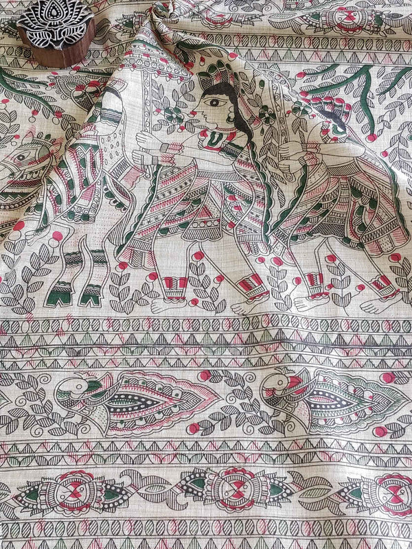 Pure Handloom Khadi Cotton Madhubani Print Salwar Kameez Dupatta Set-Beige