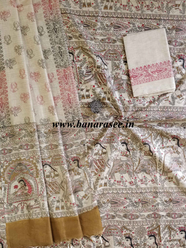 Pure Handloom Khadi Cotton Madhubani Print Salwar Kameez Dupatta Set-Beige