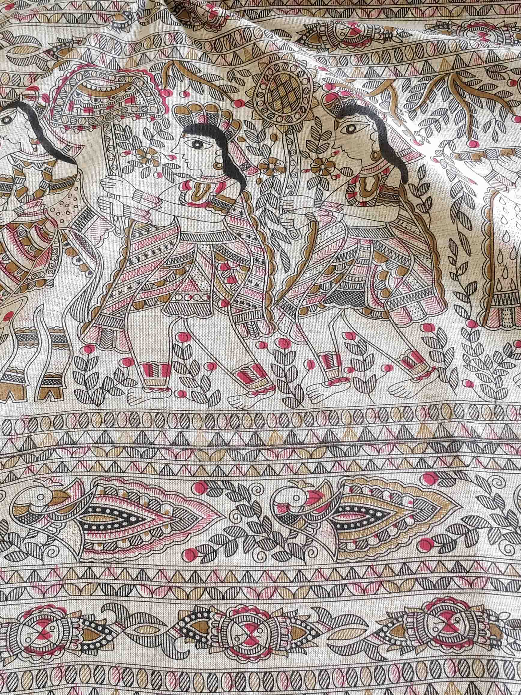 Pure Handloom Khadi Cotton Madhubani Print Salwar Kameez Dupatta Set-Beige