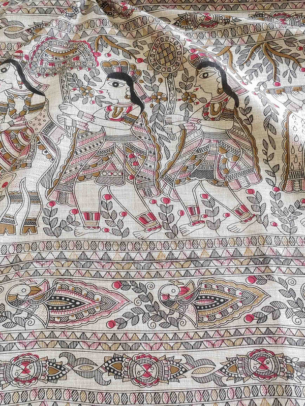 Pure Handloom Khadi Cotton Madhubani Print Salwar Kameez Dupatta Set-Beige