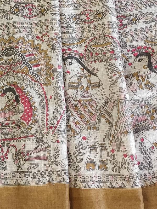 Pure Handloom Khadi Cotton Madhubani Print Salwar Kameez Dupatta Set-Beige