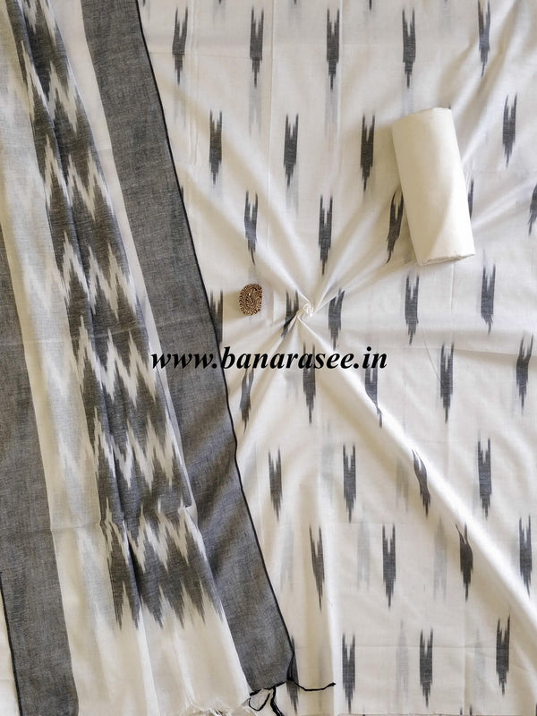 Handloom Khadi Cotton Salwar Kameez Dupatta Ikkat Woven Set-White