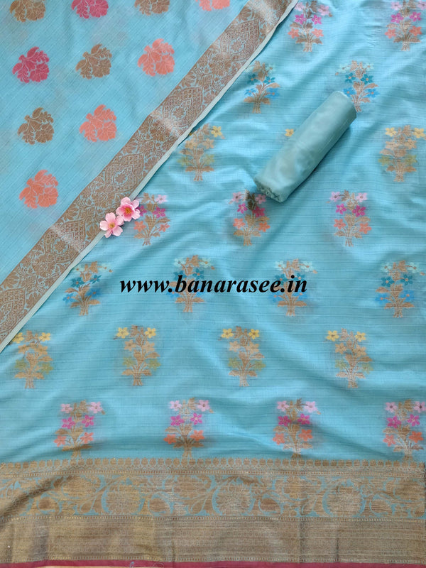 Banarasee Chanderi Cotton Salwar Kameez & Dupatta Set With Floral Design-Blue