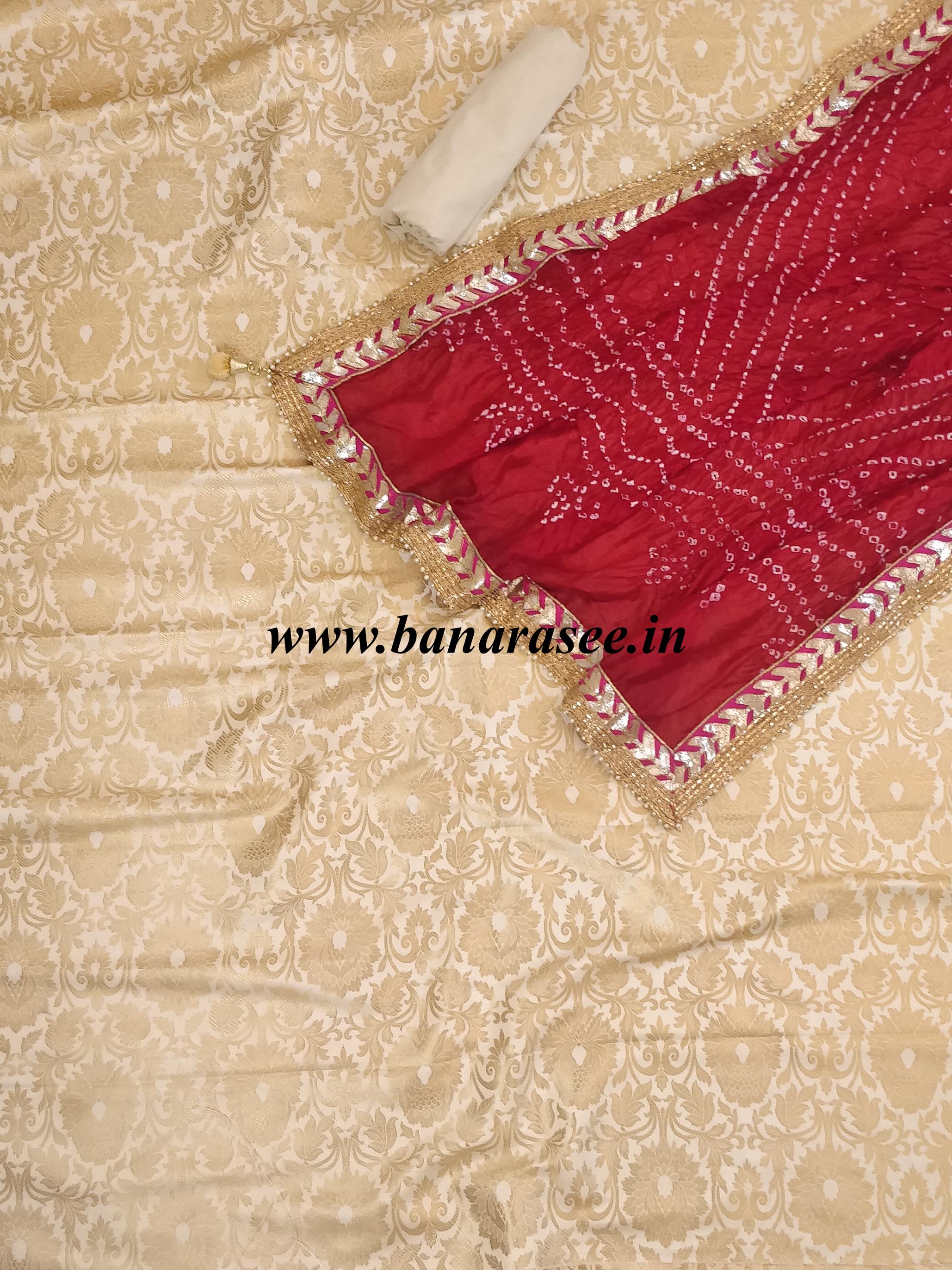 Banarasee Handwoven Satin Brocade Salwar Kameez With Gota Patti Bandhani Dupatta- White & Red