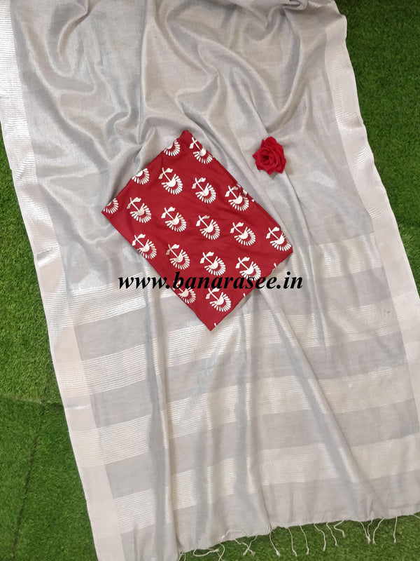 Banarasee Handloom Pure Linen By Tissue Saree With Maroon Silk Blouse-Silver