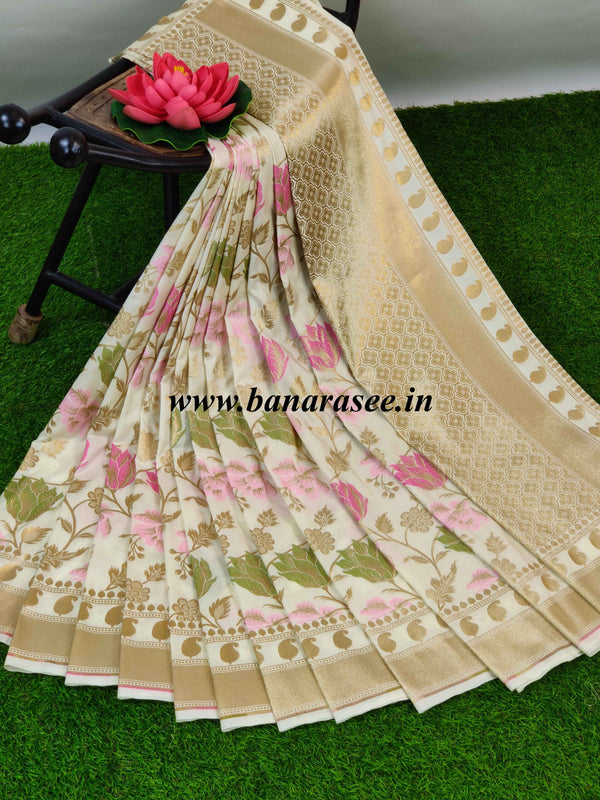 Banarasee Pure Silk Saree With Floral Jaal-Ivory White