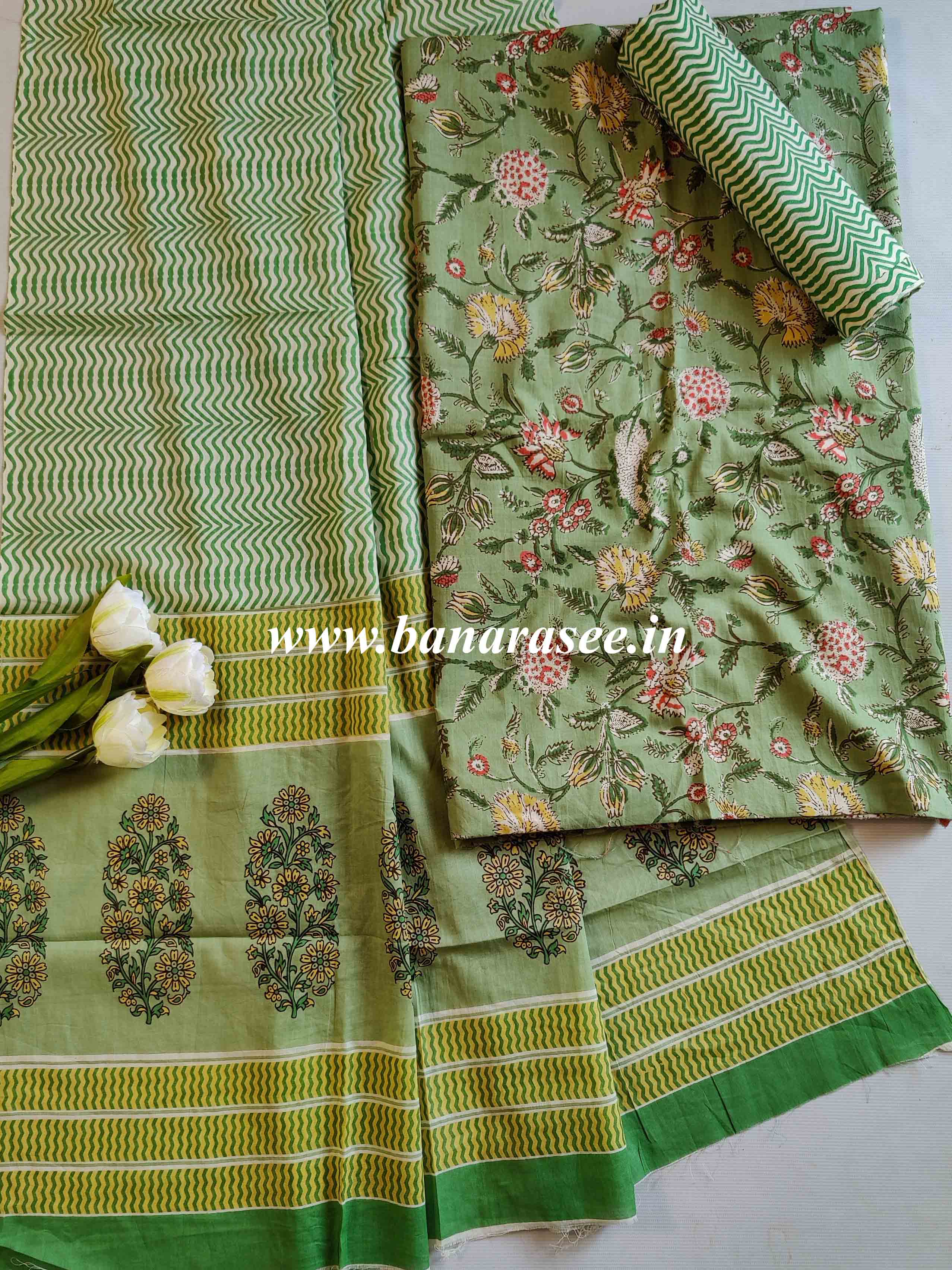 Pure Handloom Mul Cotton Hand Block-Print Suit Set-Green