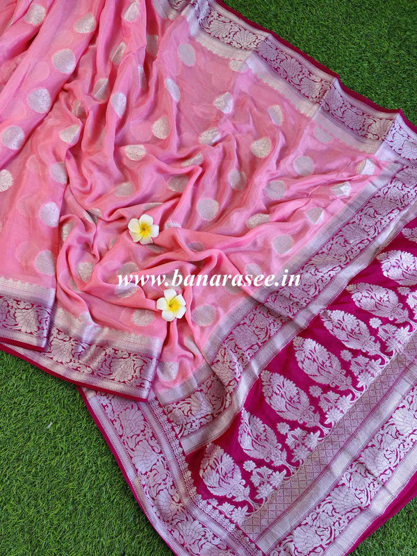 Banarasee Pure Chiffon Saree With Silver Zari Border-Peach & Wine