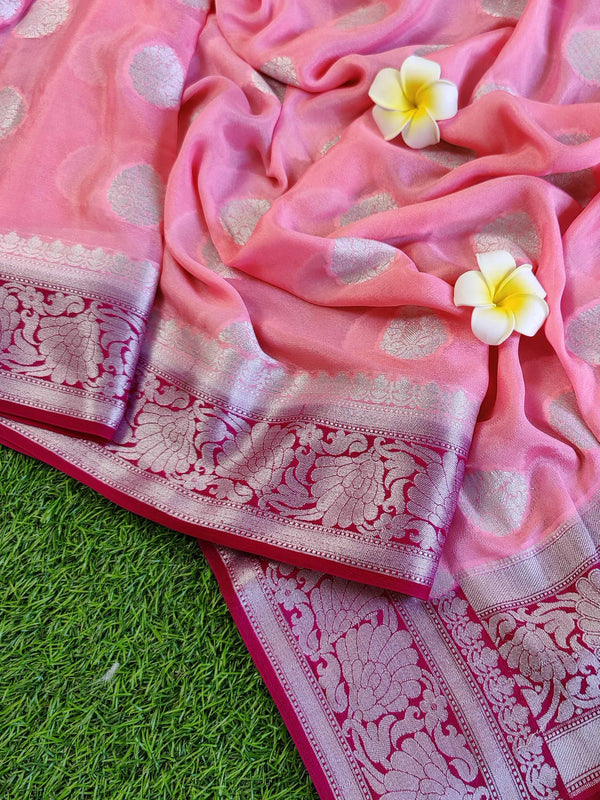 Banarasee Pure Chiffon Saree With Silver Zari Border-Peach & Wine