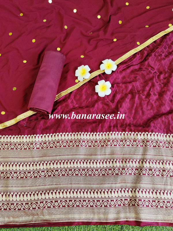 Banarasee Self-Weaving Semi Silk Salwar Kameez Set With Hand-Work Dupatta-Burgundy