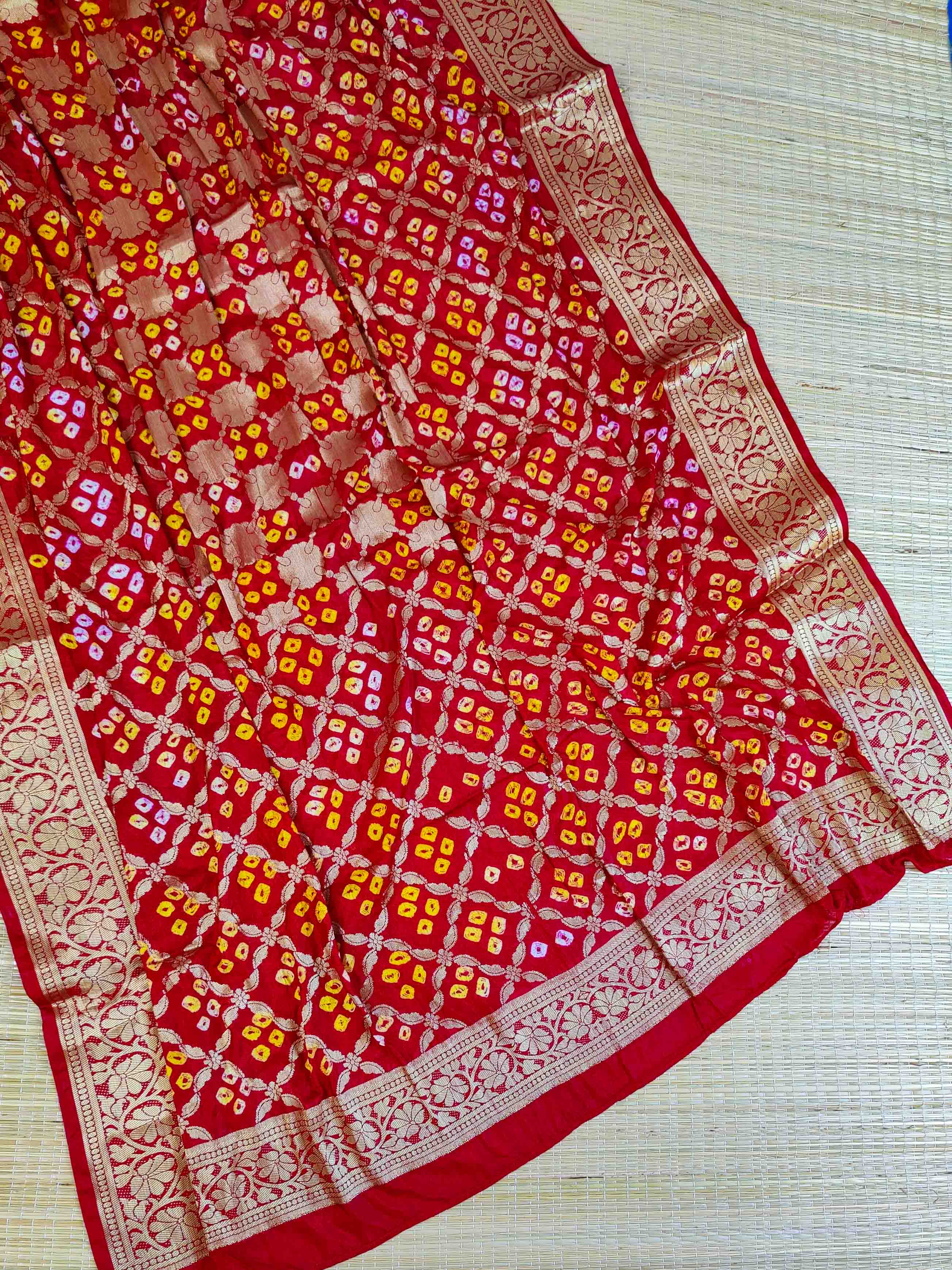 Banarasee Semi Silk Salwar Kameez Fabric & Bandhej Dupatta-Green & Red