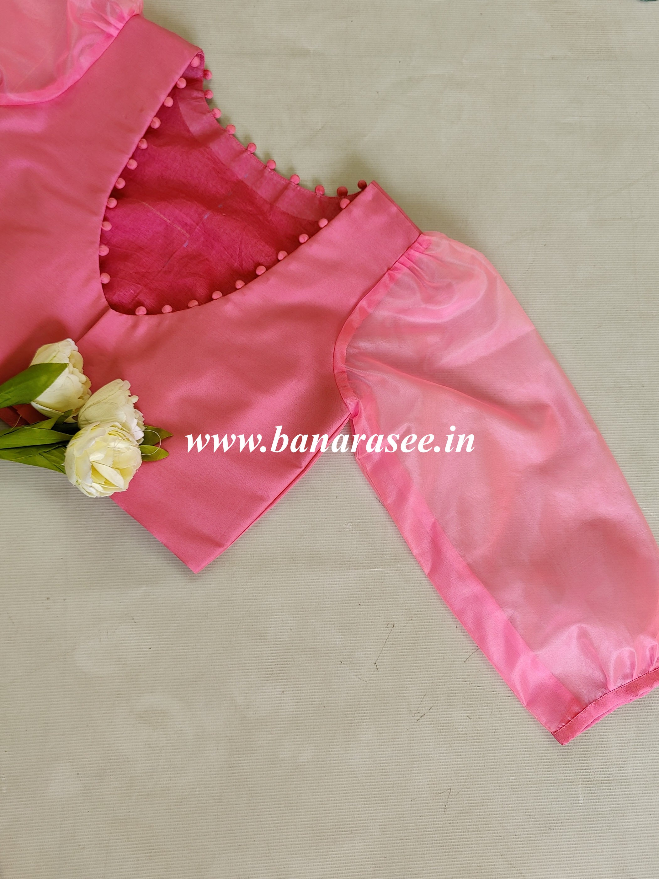 Banarasee Silk Blouse With Organza Silk Sleeves-Pink