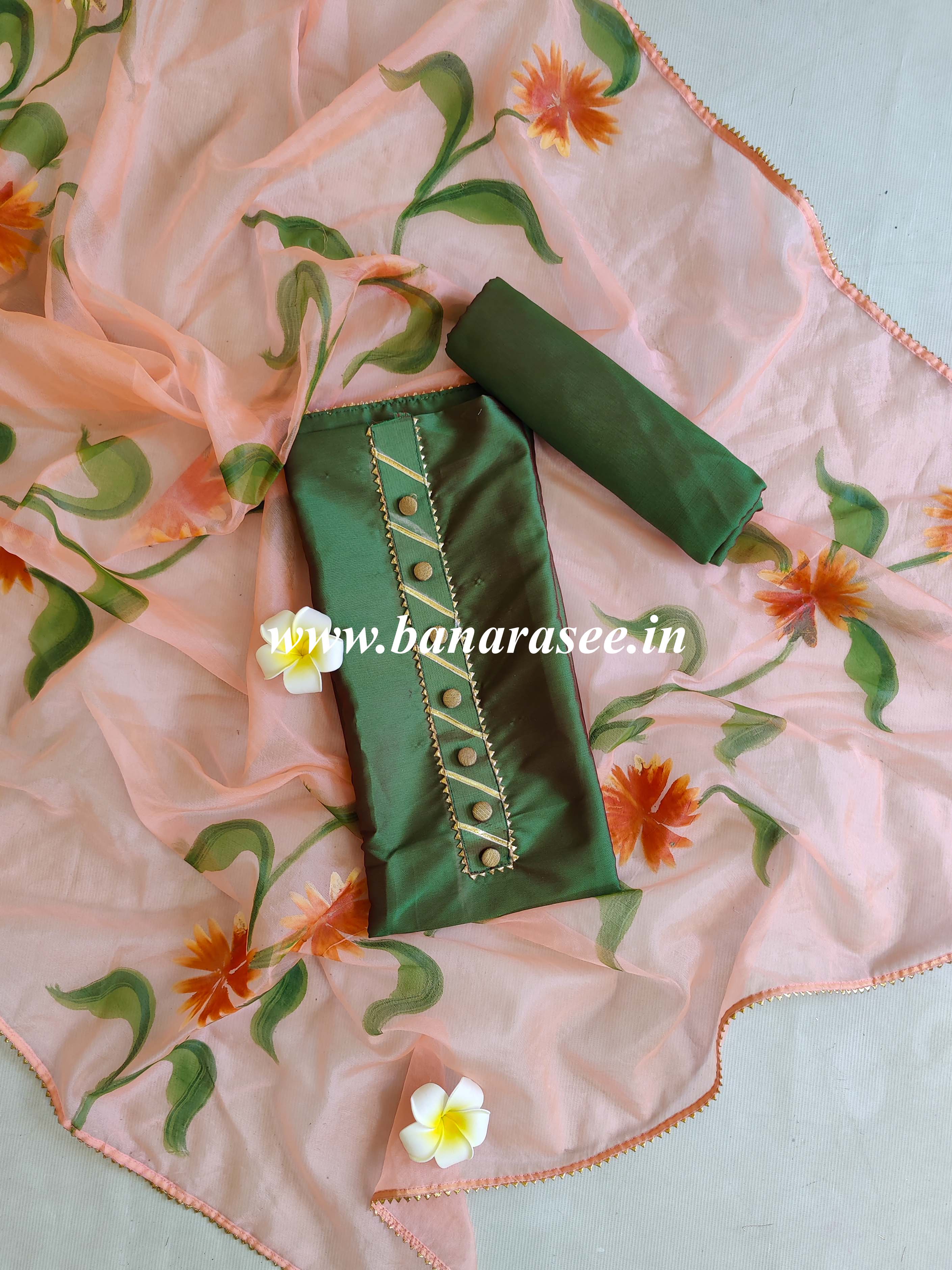 Banarasee Semi Silk Salwar Kameez Fabric With Hand-Painted Organza Dupatta-Green & Peach