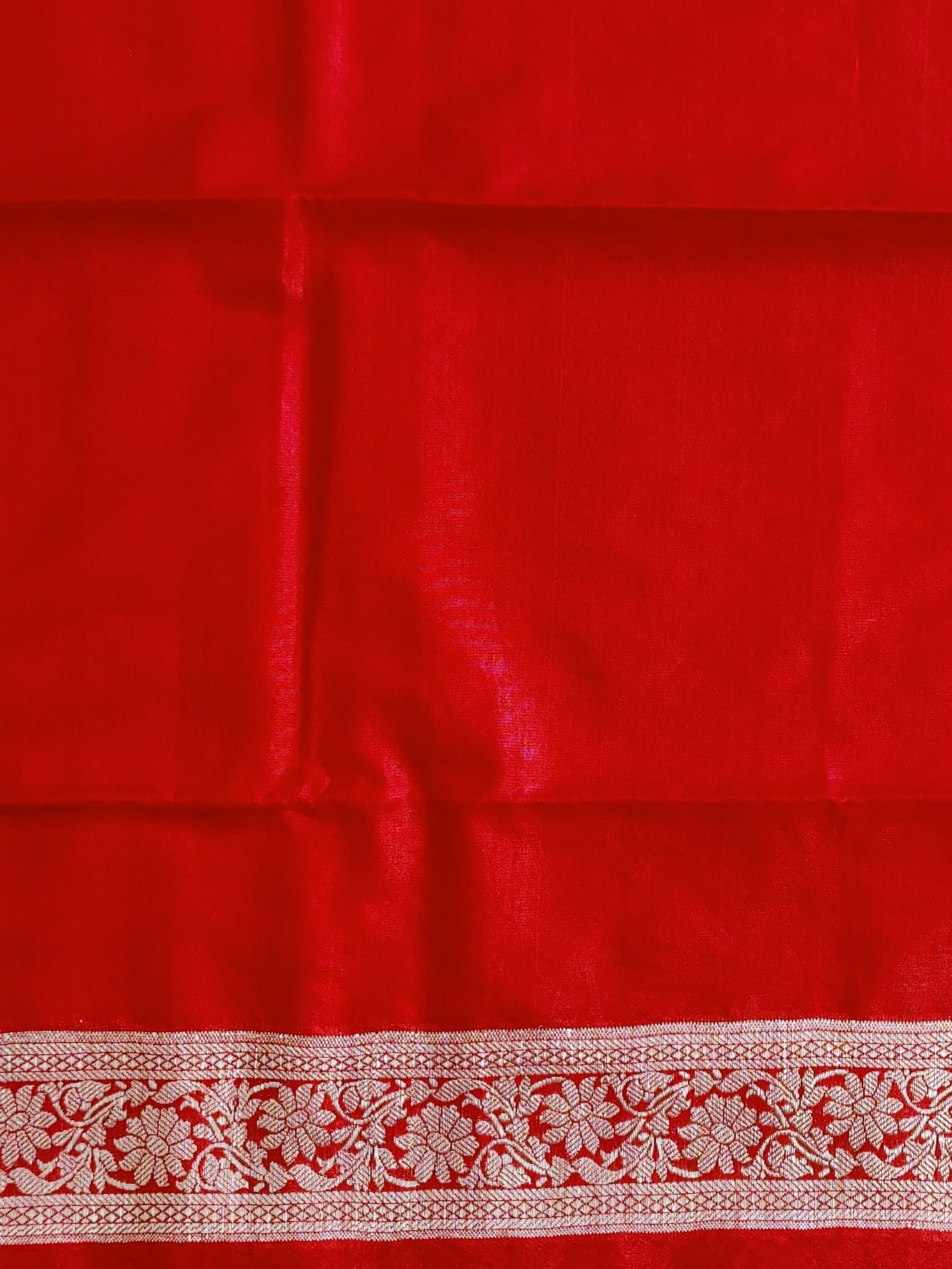 Banarasee Handwoven Semi Silk Saree With Silver Zari Border-Peach & Red