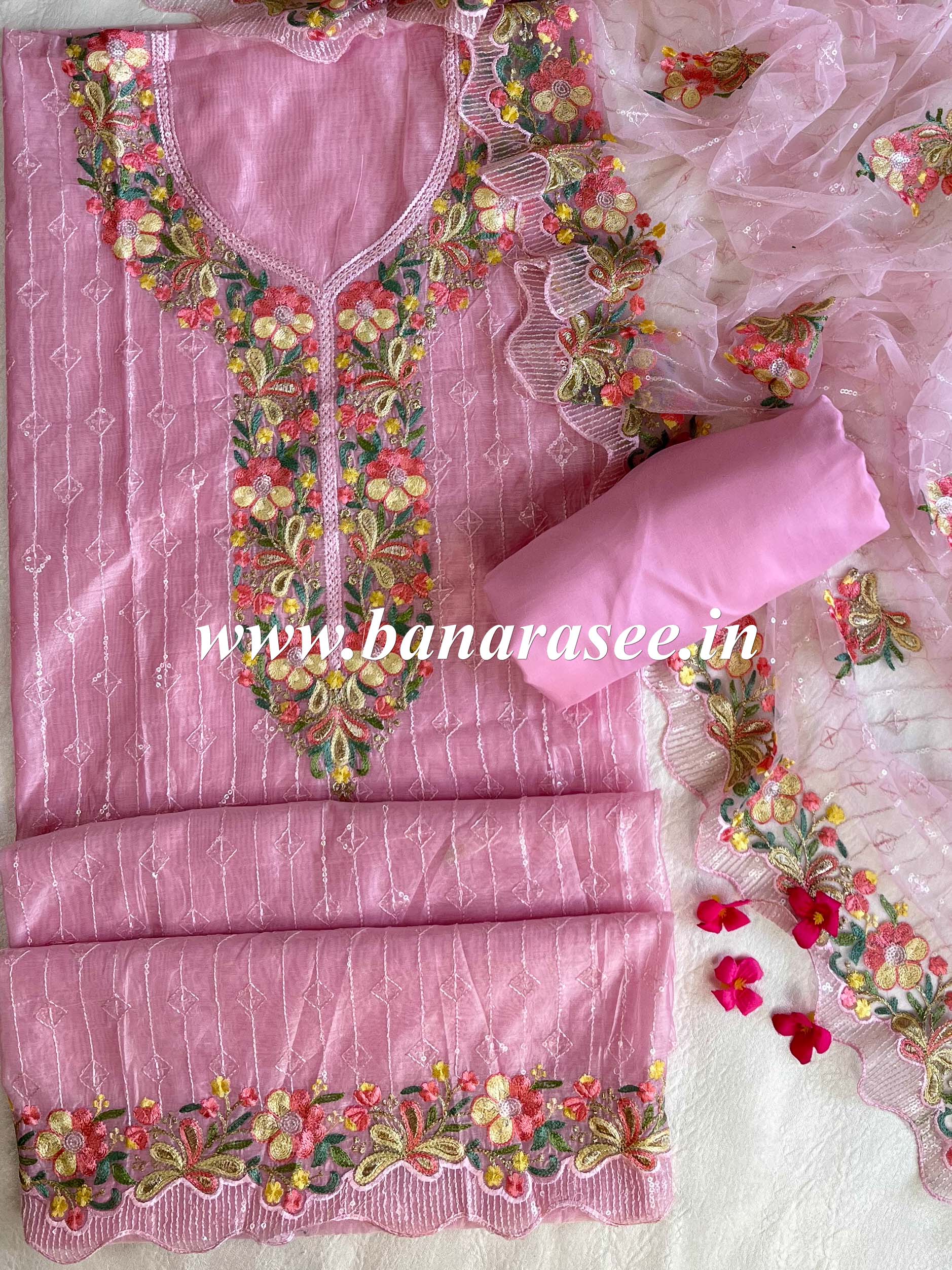 Banarasee Chanderi Floral Embroidered Yoke Kameez Sequins Work & Dupatta-Pink