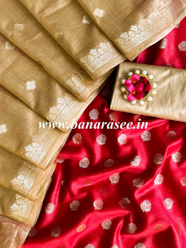 Banarasee Pure Chanderi Silk Zari Buti Salwar Kameez Set-Beige & Red