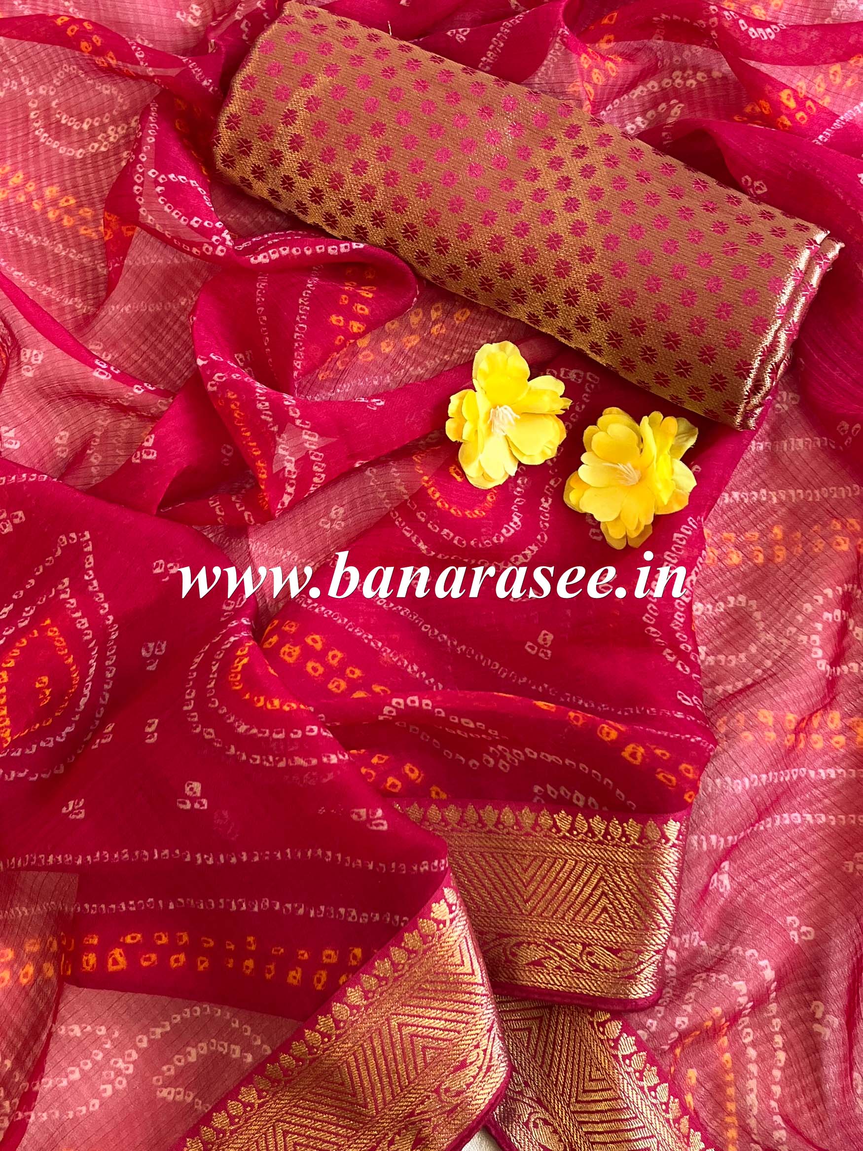 Banarasee Chiffon Blend Saree Chunri Print Zari Border & Silk Blouse-Red