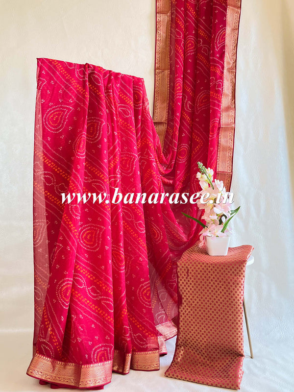 Banarasee Chiffon Blend Saree Chunri Print Zari Border & Silk Blouse-Red