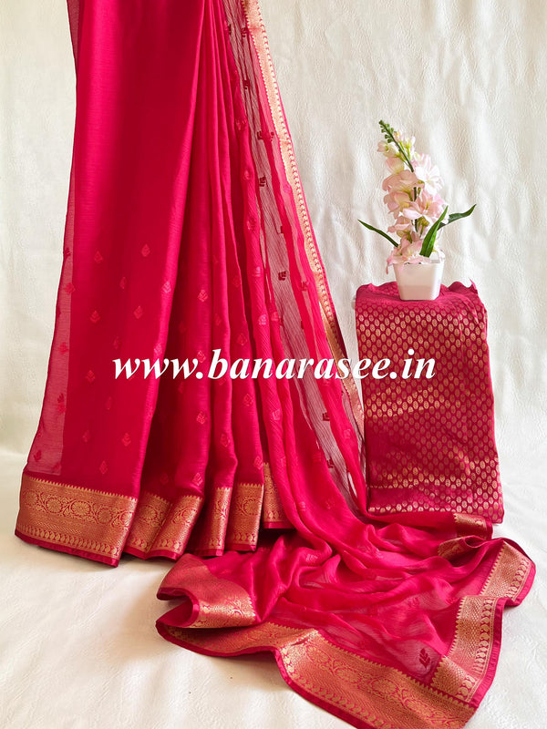 Banarasee Pure Chiffon Saree With Embroidery Work & Banarasee Border-Fuchsia Pink