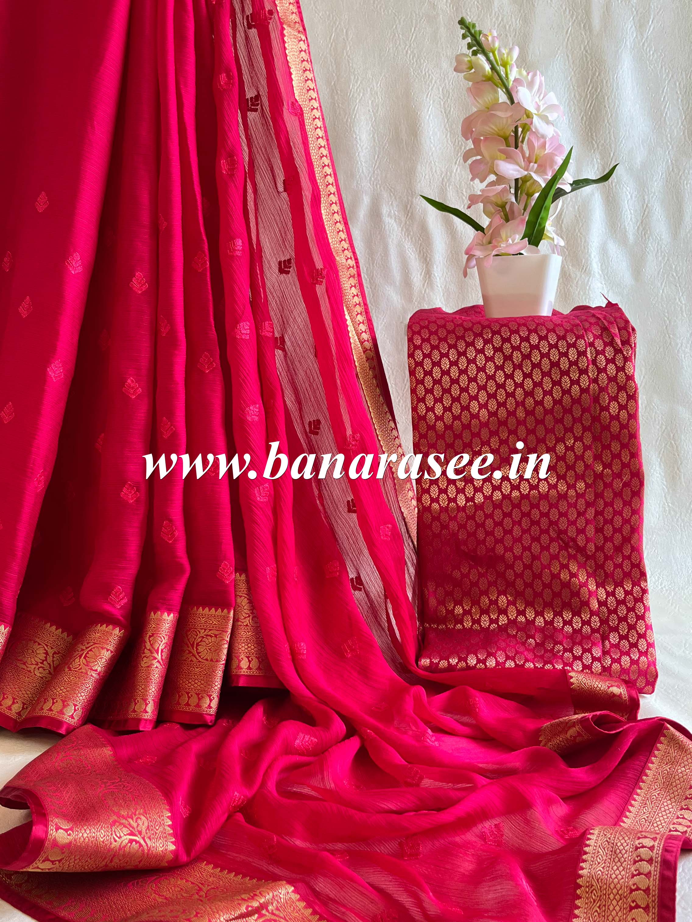 Banarasee Pure Chiffon Saree With Embroidery Work & Banarasee Border-Fuchsia Pink