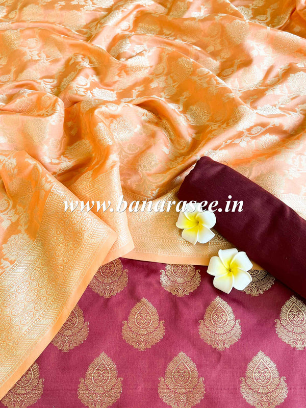 Banarasee Art Silk Buti Design Salwar Kameez Fabric With Contrast Dupatta-Maroon & Peach