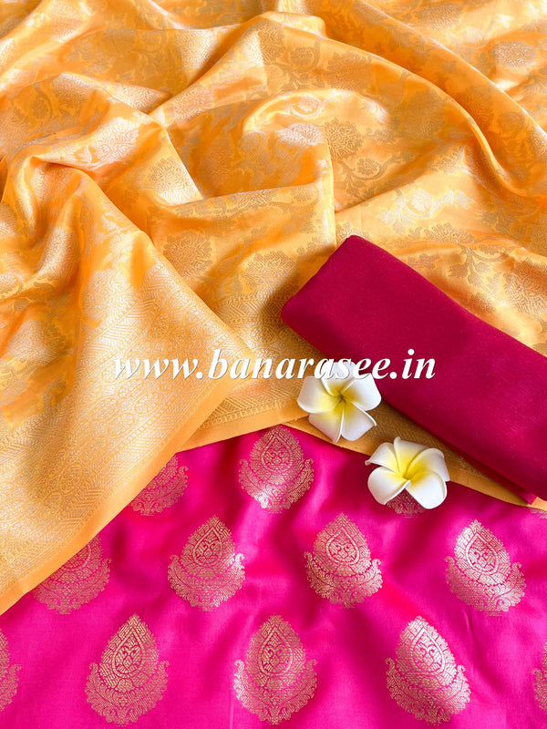 Banarasee Art Silk Buti Design Salwar Kameez Fabric With Contrast Dupatta-Pink & Yellow