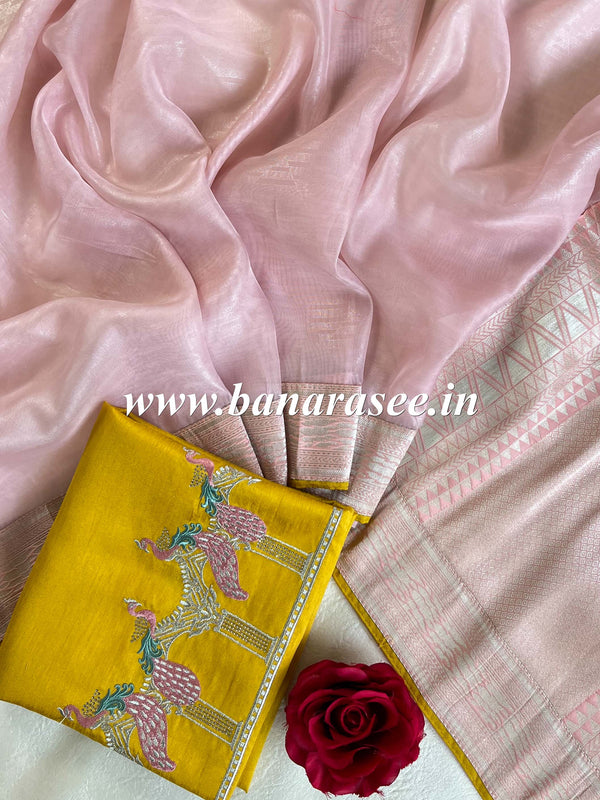 Banarasee Organza Silk Saree With Zari Border & Contrast Embroidered Blouse-Pink