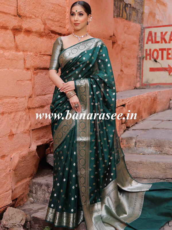 Banarasee Handwoven Pure Silk Cotton Saree With Zari Buti & Border-Deep Green
