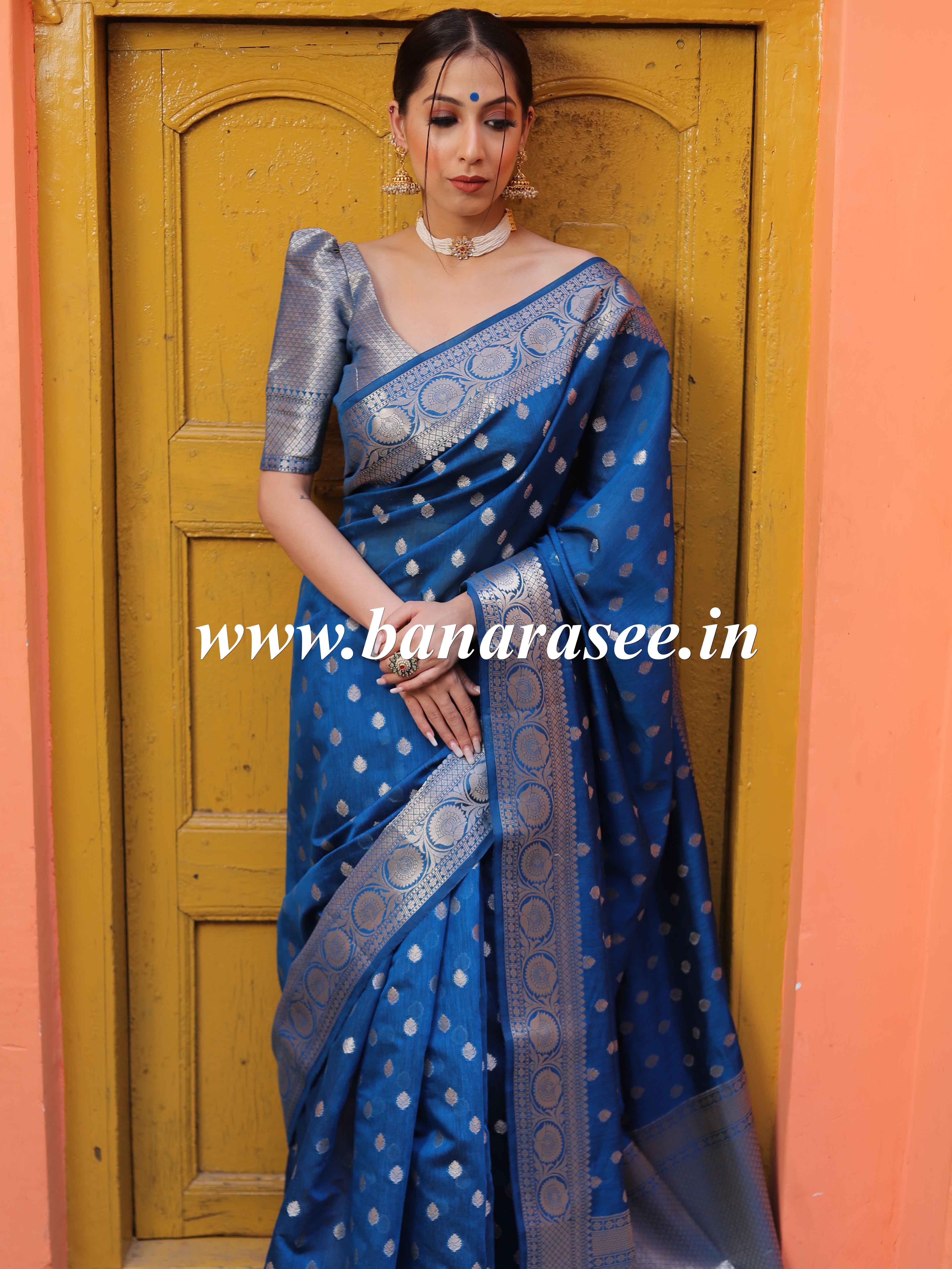 Banarasee Handwoven Pure Silk Cotton Saree With Zari Buti & Border-Azu