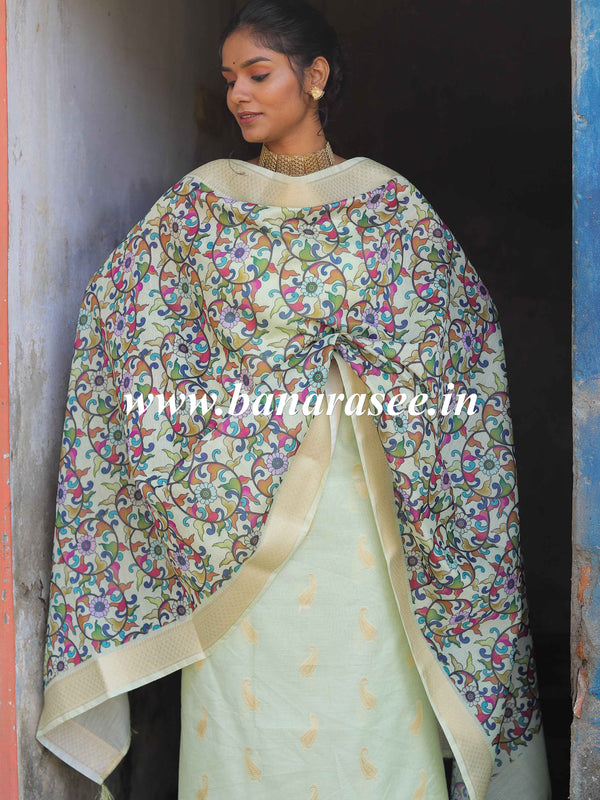 Banarasee Handloom Chanderi Cotton Salwar Kameez With Digital Print Dupatta-Green