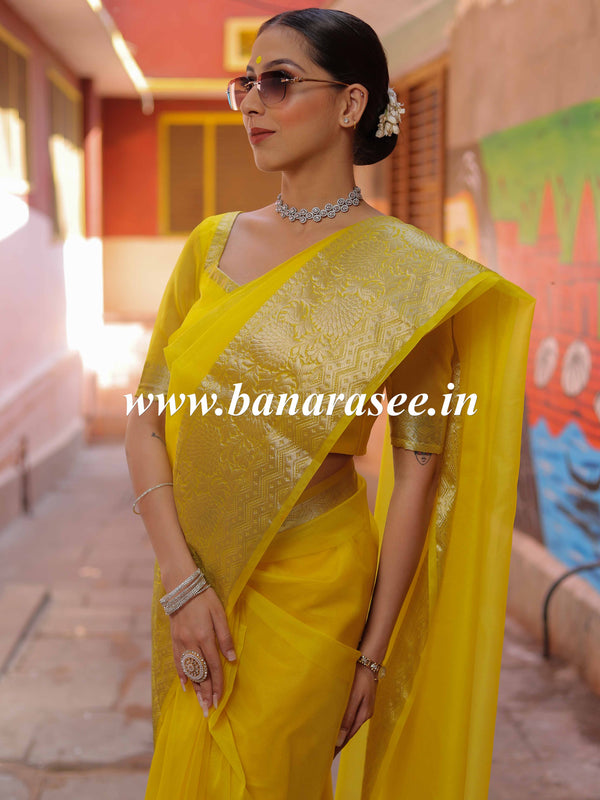 Banarasee Organza Mix Saree With Zari Border-Yellow