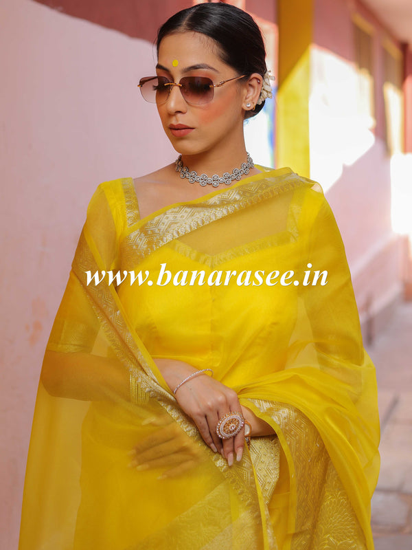 Banarasee Organza Mix Saree With Zari Border-Yellow
