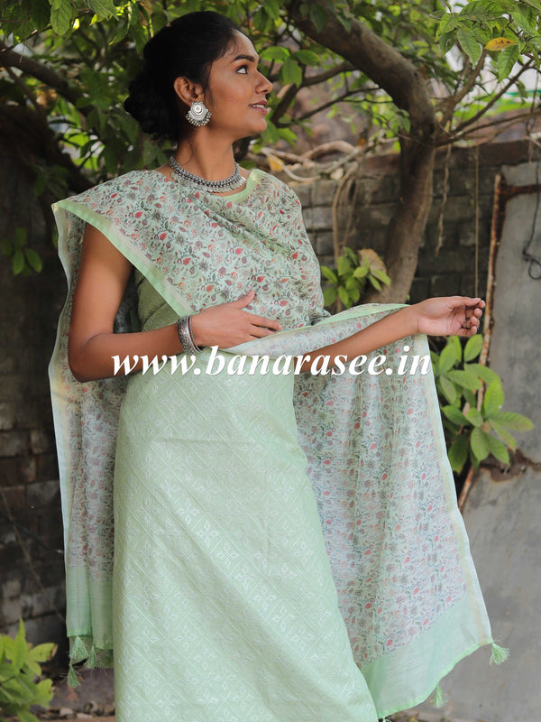 Banarasee Embroidered Chanderi Salwar Kameez With Digital Print Dupatta-Pastel Green