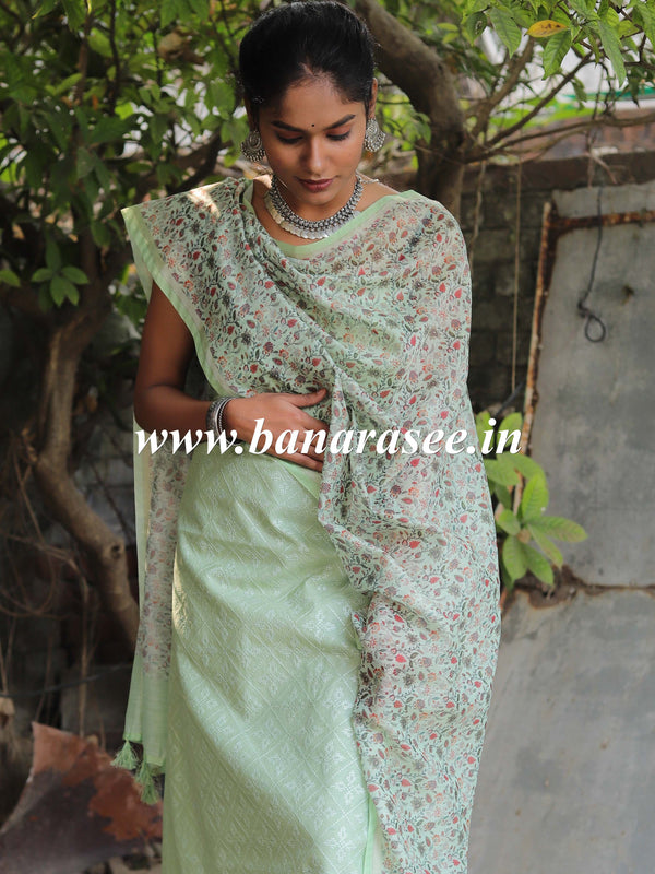 Banarasee Embroidered Chanderi Salwar Kameez With Digital Print Dupatta-Pastel Green