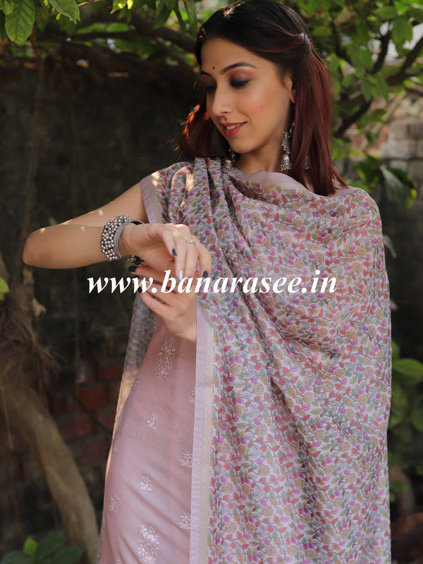 Banarasee Embroidered Chanderi Salwar Kameez With Digital Print Dupatta-Rose Pink