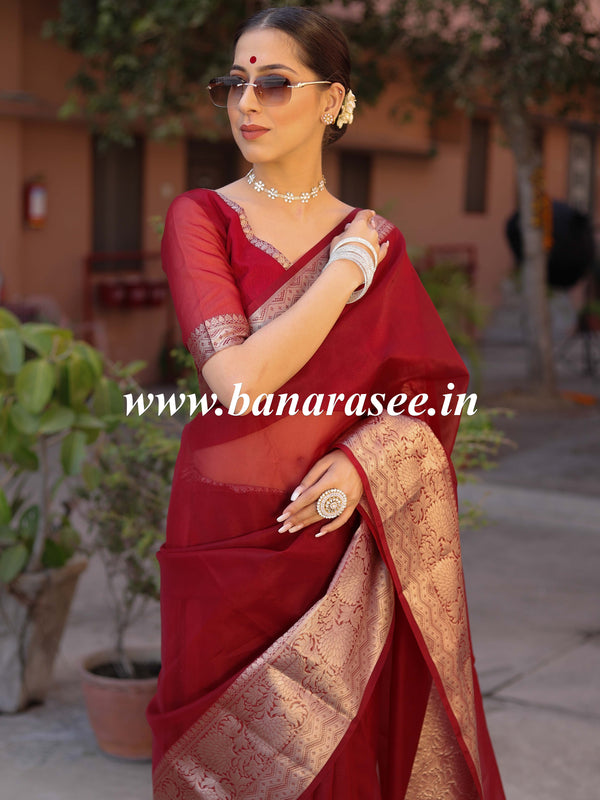 Banarasee Organza Mix Saree With Zari Border-Maroon