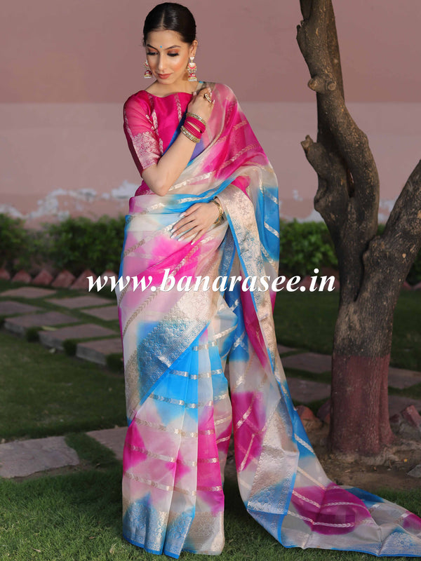 Banarasee Organza Silk Mix Saree With Shibori Dye & Zari Border-Multicolor