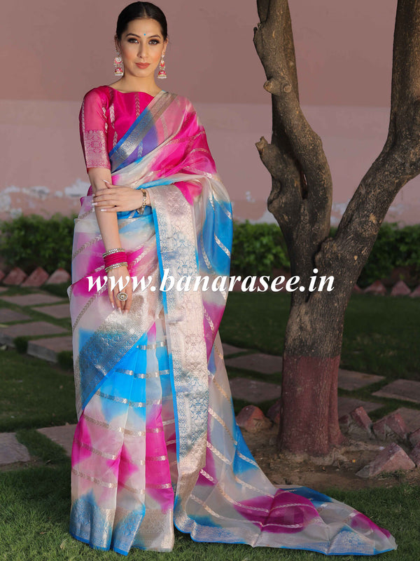 Banarasee Organza Silk Mix Saree With Shibori Dye & Zari Border-Multicolor