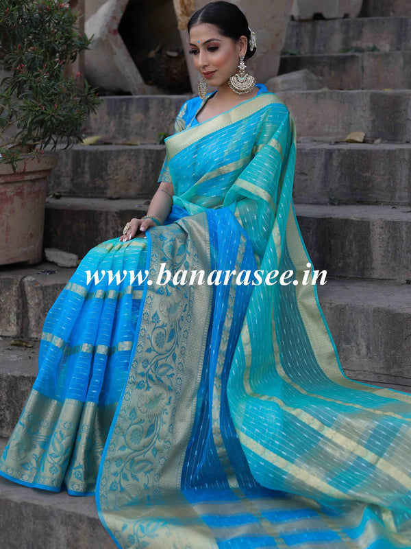 Banarasee Organza Silk Mix Saree With Shibori Dye & Zari Border-Blue