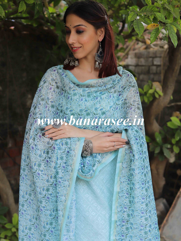 Banarasee Embroidered Chanderi Salwar Kameez With Digital Print Dupatta-Pastel Blue