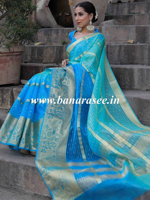 Banarasee Organza Silk Mix Saree With Shibori Dye & Zari Border-Blue