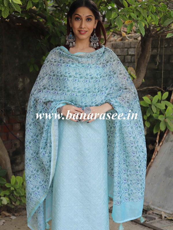 Banarasee Embroidered Chanderi Salwar Kameez With Digital Print Dupatta-Pastel Blue
