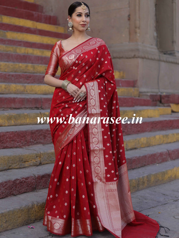Banarasee Handwoven Pure Silk Cotton Saree With Zari Buti & Border-Deep Red