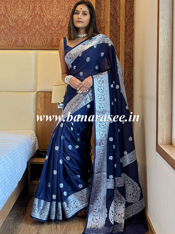 Banarasee Handwoven Semi-Chiffon Saree With Silver Zari Buta & Border-Blue