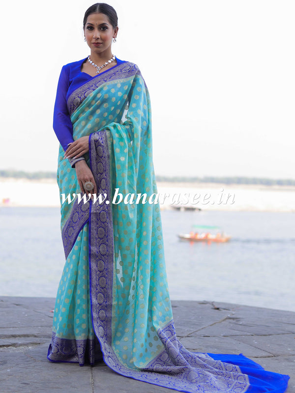 Banarasee Handwoven Semi-Chiffon Saree With Zari Buta & Contrast Border-Blue