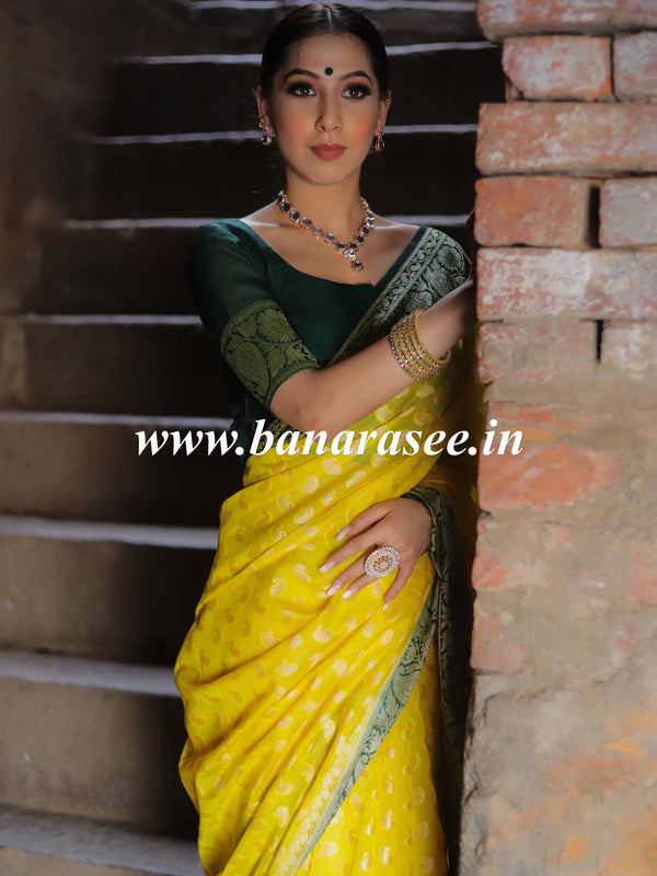 Banarasee Handwoven Semi-Chiffon Saree With Zari Buta & Contrast Border-Yellow & Green