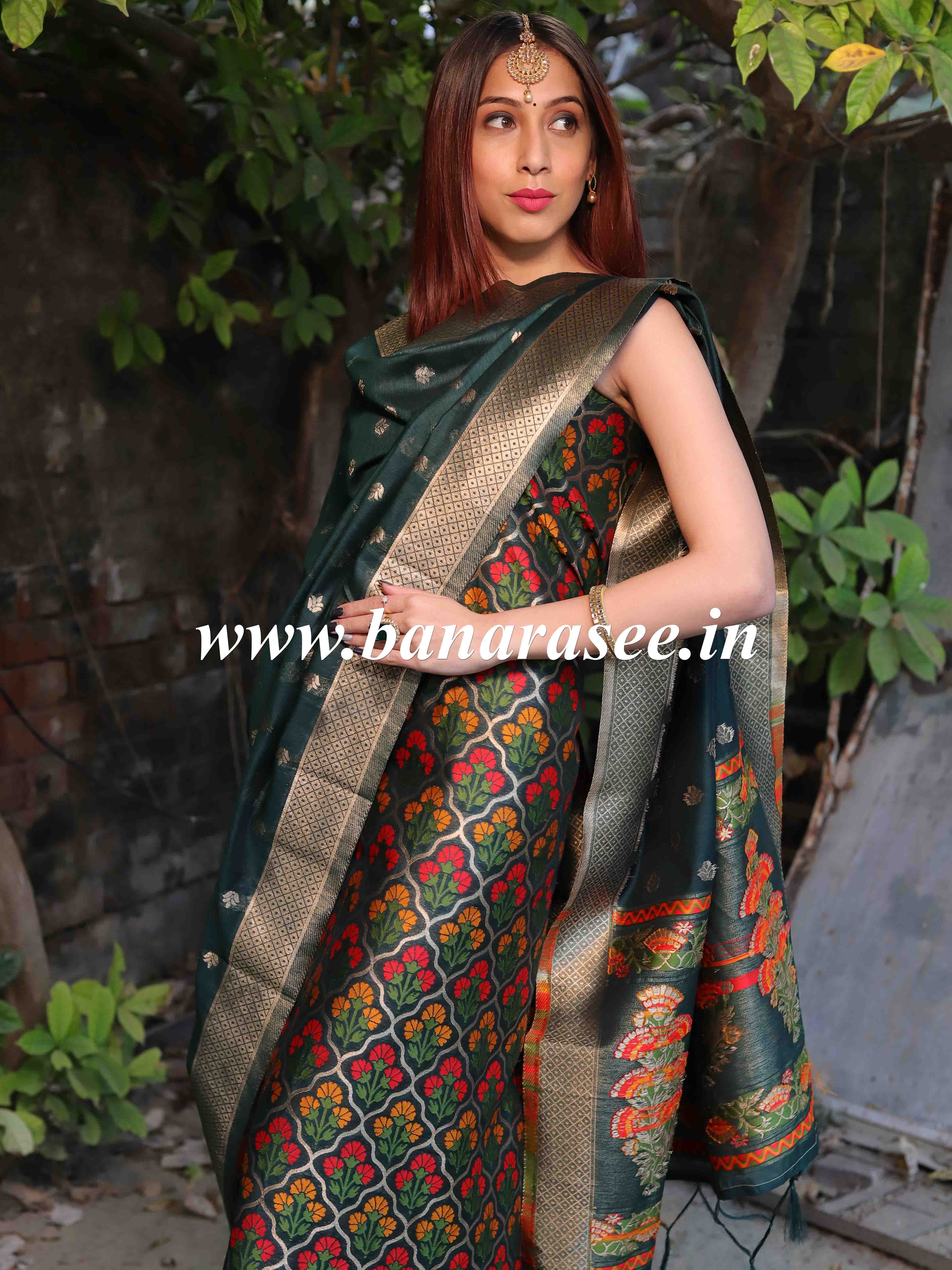 Banarasee Handloom Chanderi Salwar Kameez Fabric With Meena Design-Green