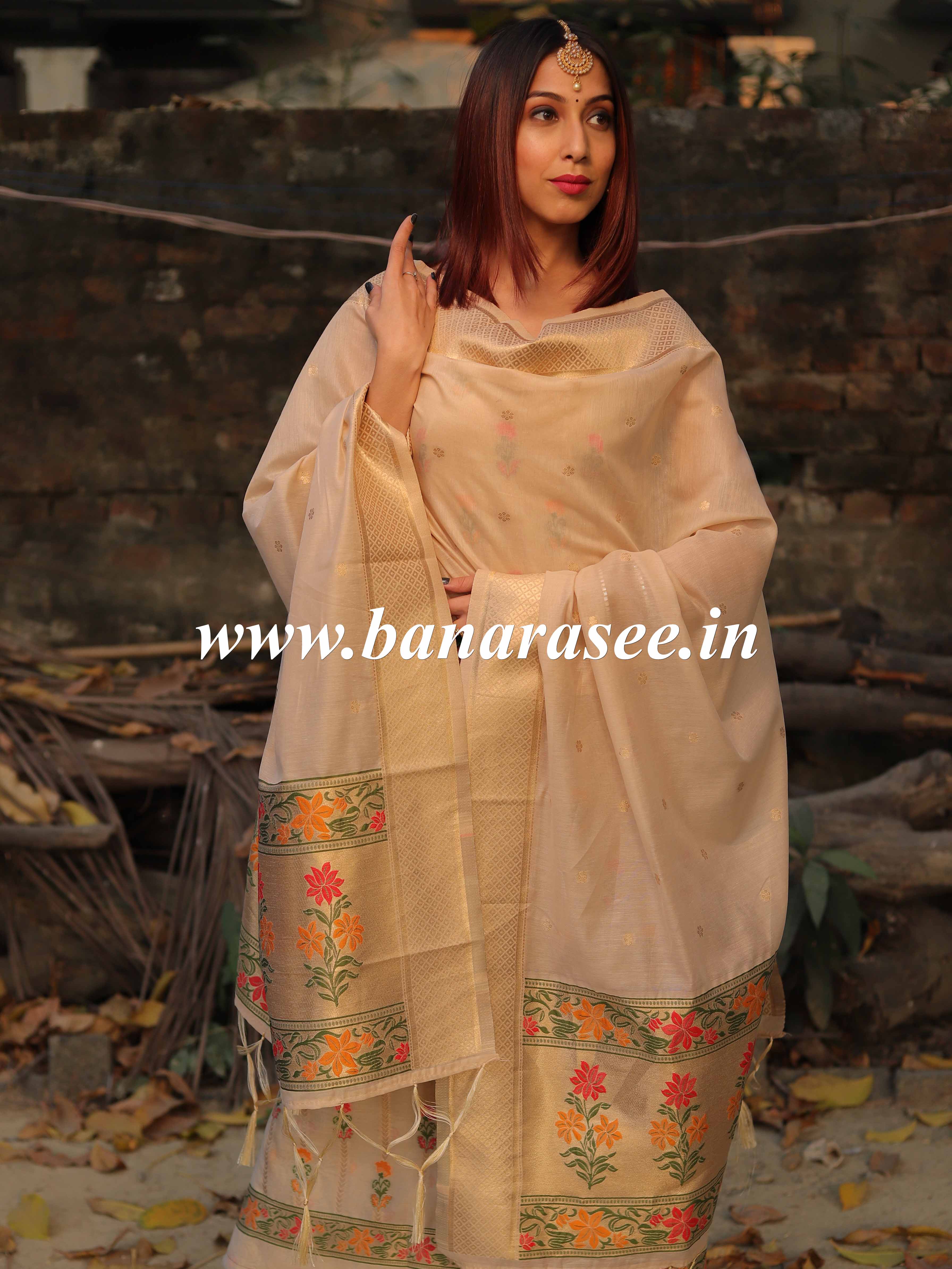 Banarasee Handloom Chanderi Salwar Kameez Fabric With Meena Design-Beige